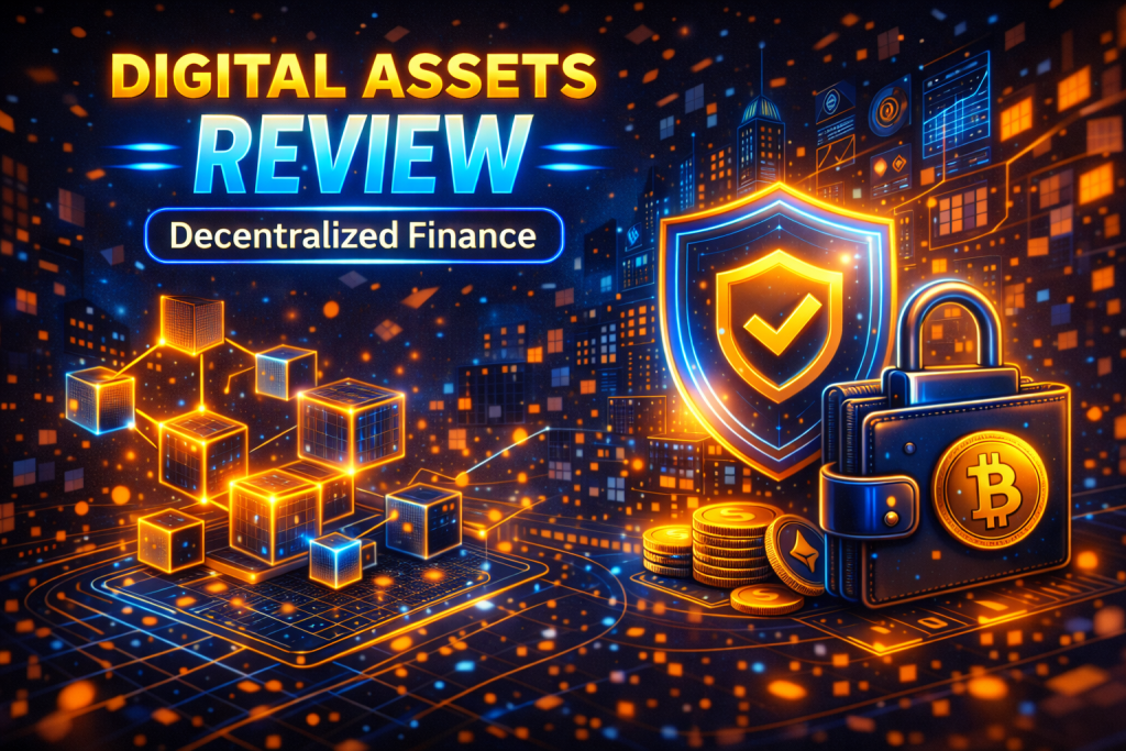 digital assets review showing blockchain technology, secure wallets, and decentralized financial innovation