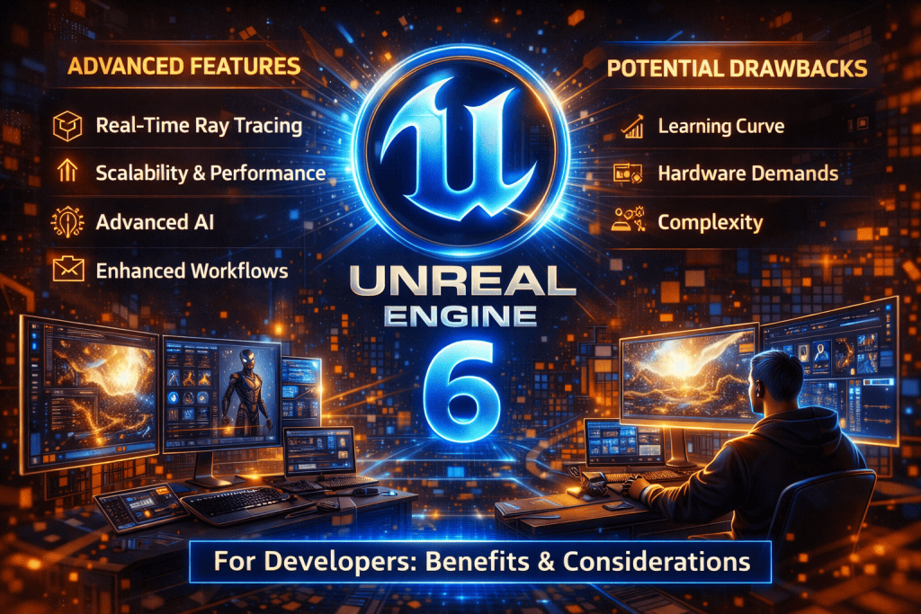 Visual of Unreal Engine 6 highlighting its advanced features, benefits, and potential drawbacks for developers.