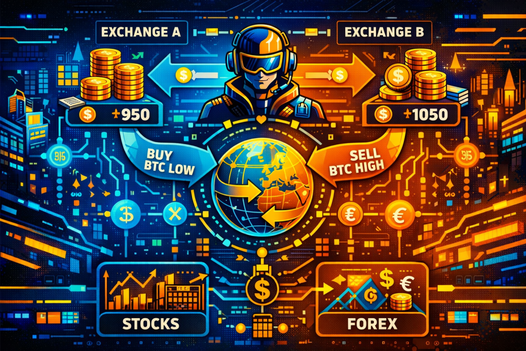 Arbitrage trading across crypto, stocks, Forex.