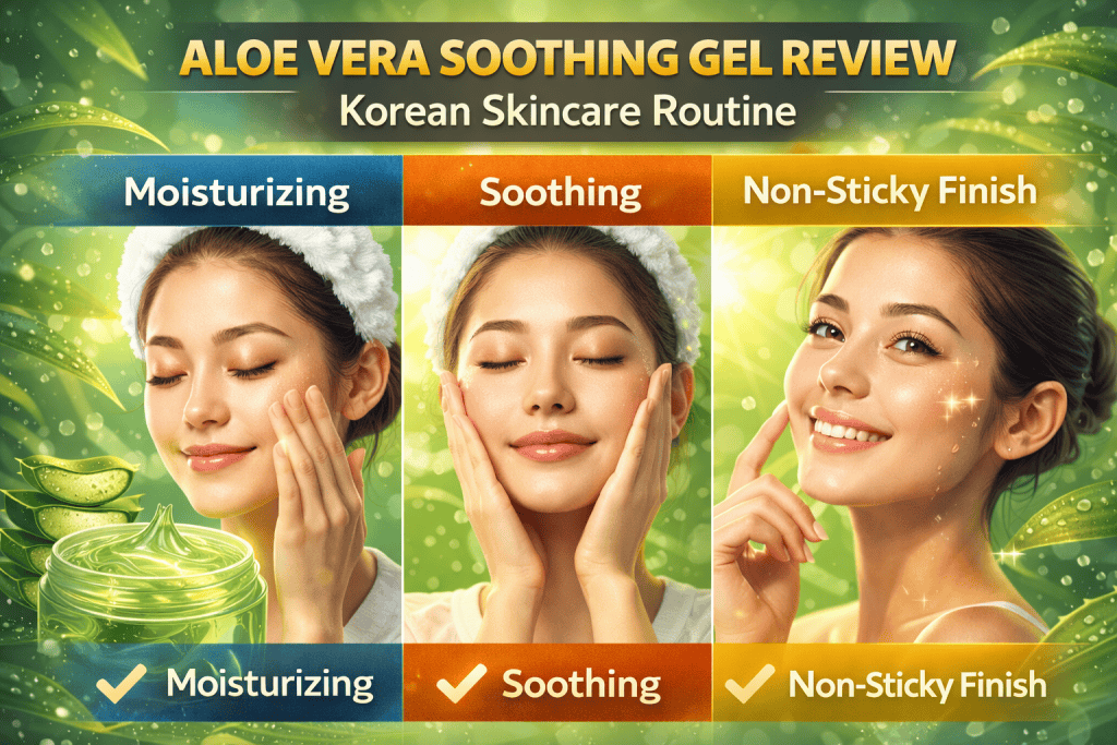 aloe vera soothing gel review Korean skincare routine highlighting moisturizing soothing and non-sticky finish