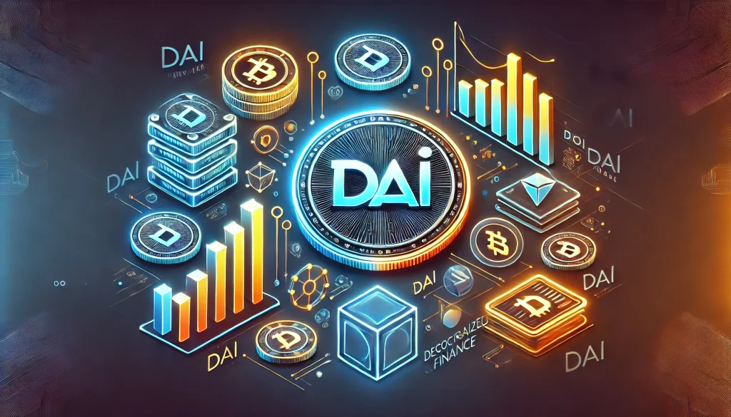 Dai crypto logo with stablecoin symbols and decentralized finance icons