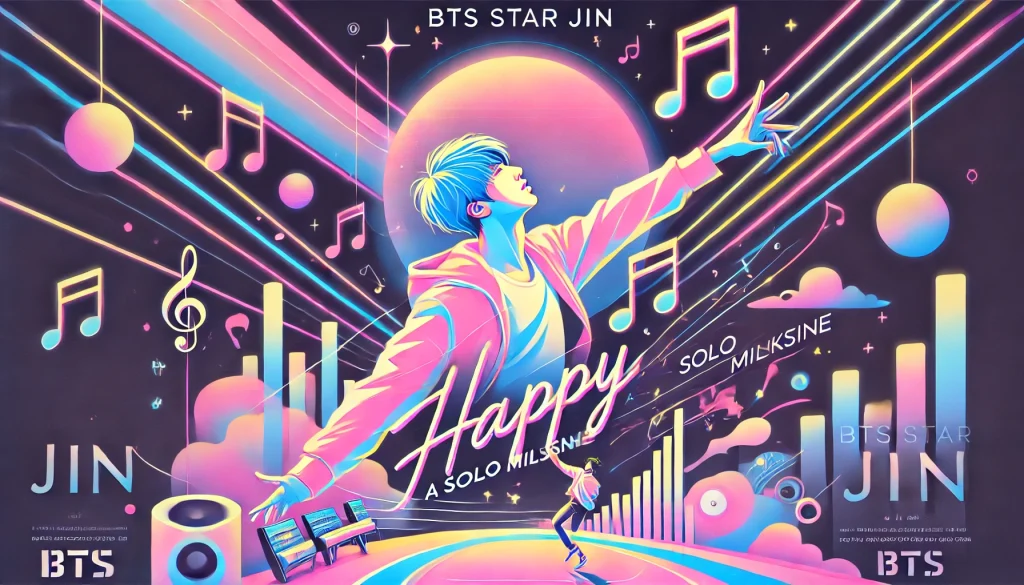 Jin smiling, holding 'Happy' album CD with colorful backdrop.