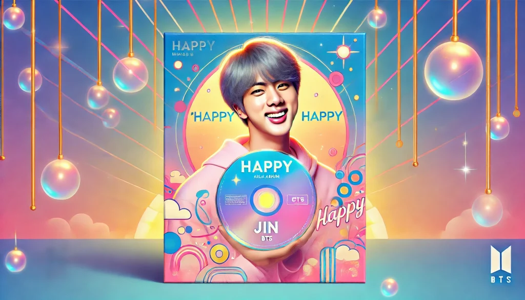 Happy’ album cover featuring minimalist design, pastel colors, and Jin.