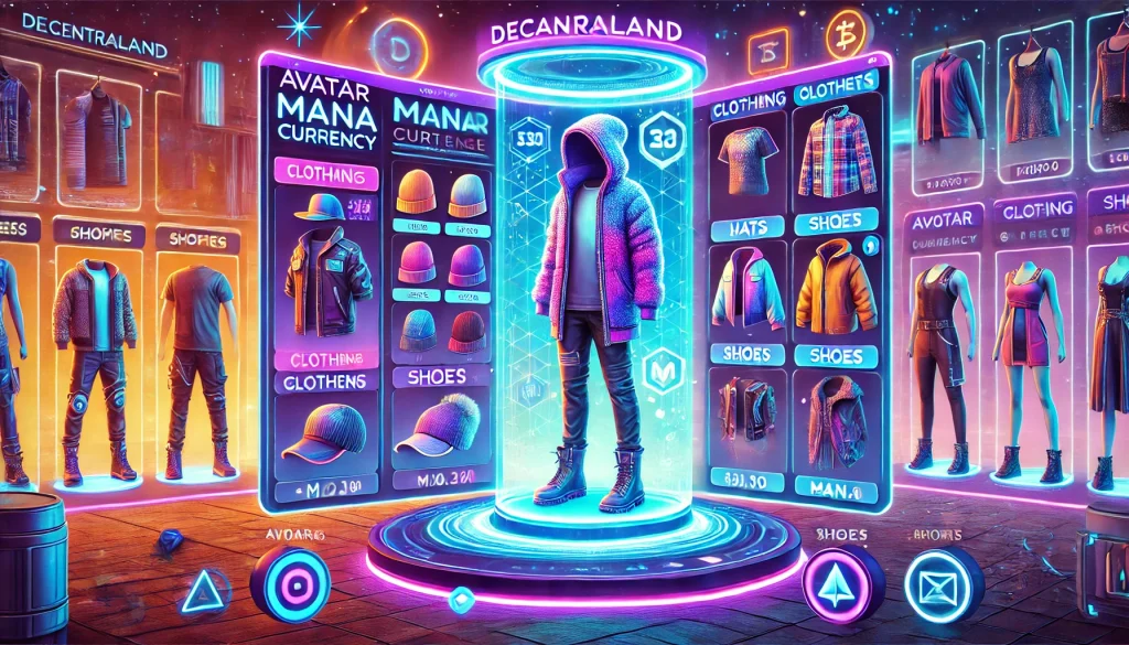 Avatar clothing options with MANA currency details.