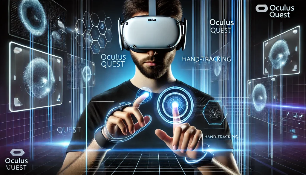 Oculus Quest VR headset with futuristic hand-tracking feature in action