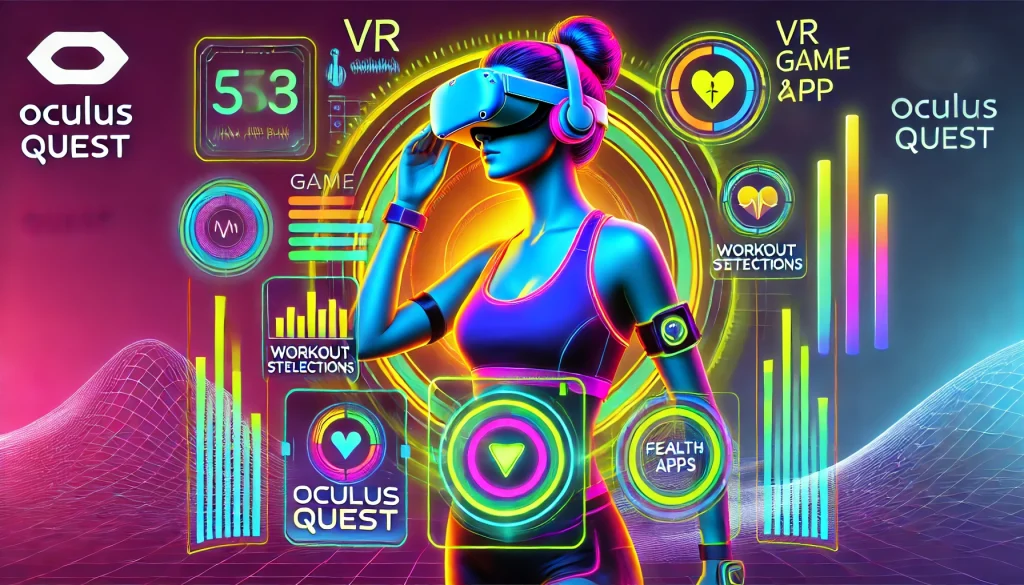 Oculus user interacting with VR game and fitness app options.