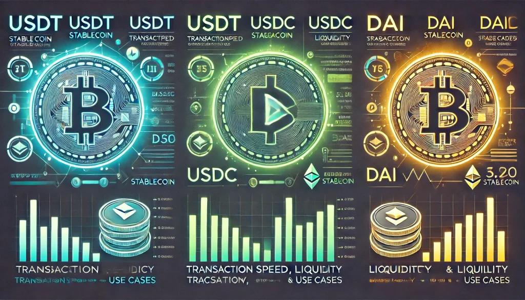 Side-by-side comparison of USDT, USDC, and DAI coins