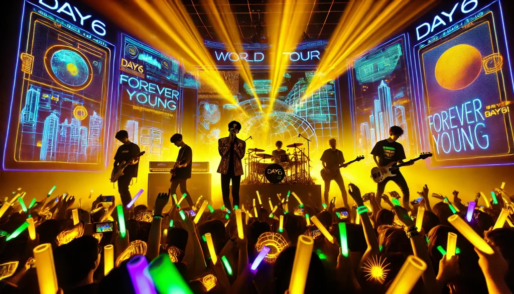 Day6 performing live at their world tour concert venues.