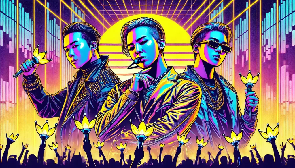 BIGBANG members G-Dragon, Taeyang, and Daesung performing together