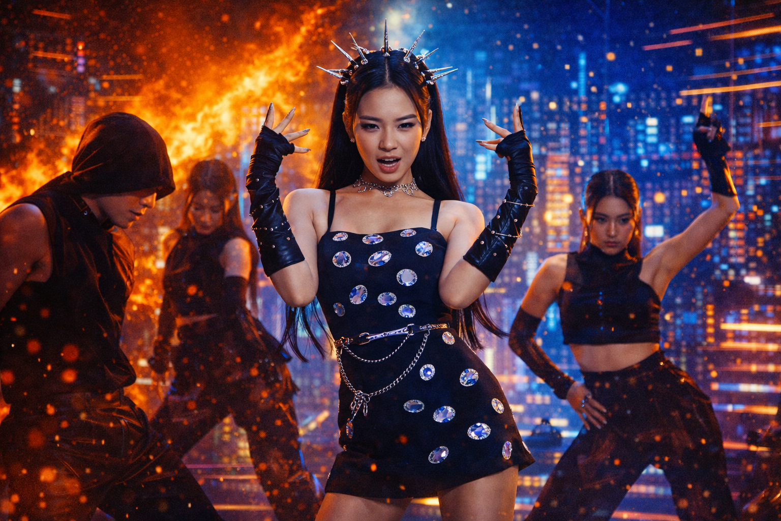 Jennie performing 'Mantra' in her MV with dancers.