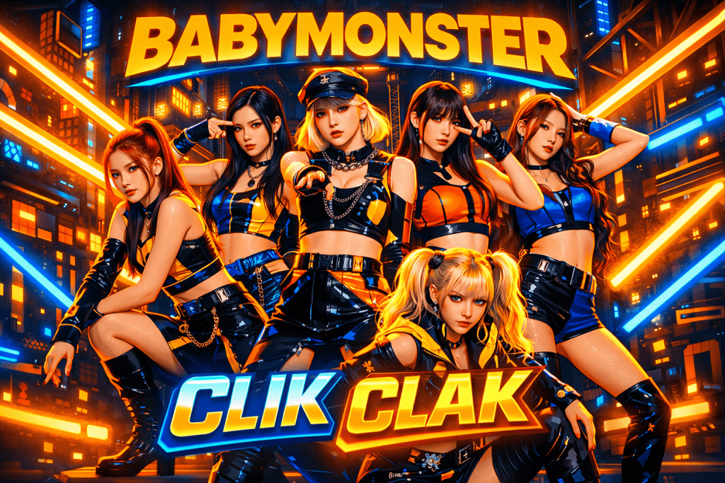 BABYMONSTER performing 'CLIK CLAK' with neon lights and bold outfits.