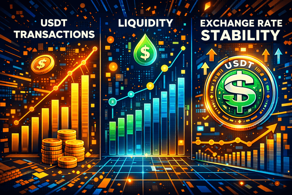 Graph showing USDT transactions, liquidity, and exchange rate stability