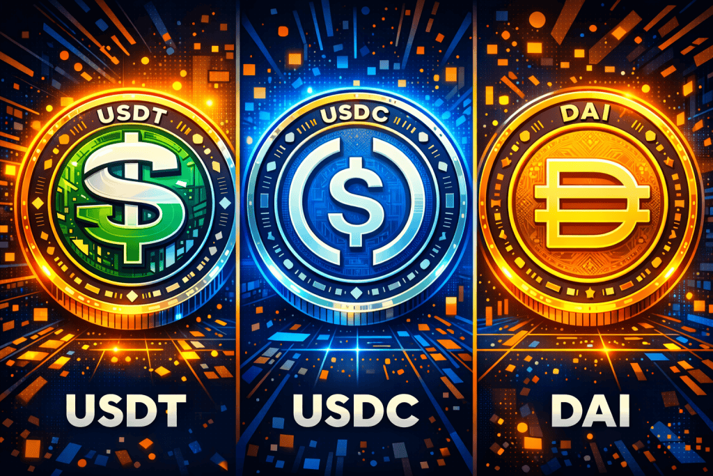 Side-by-side comparison of USDT, USDC, and DAI coins