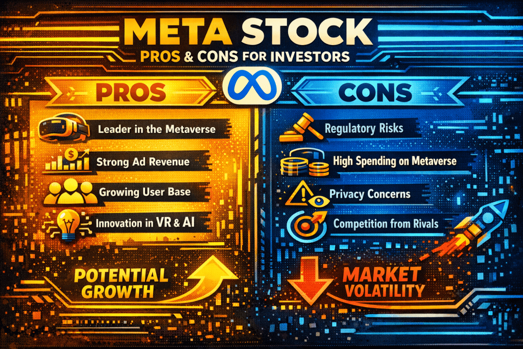 Visual listing Meta Stock benefits and drawbacks for investors.
