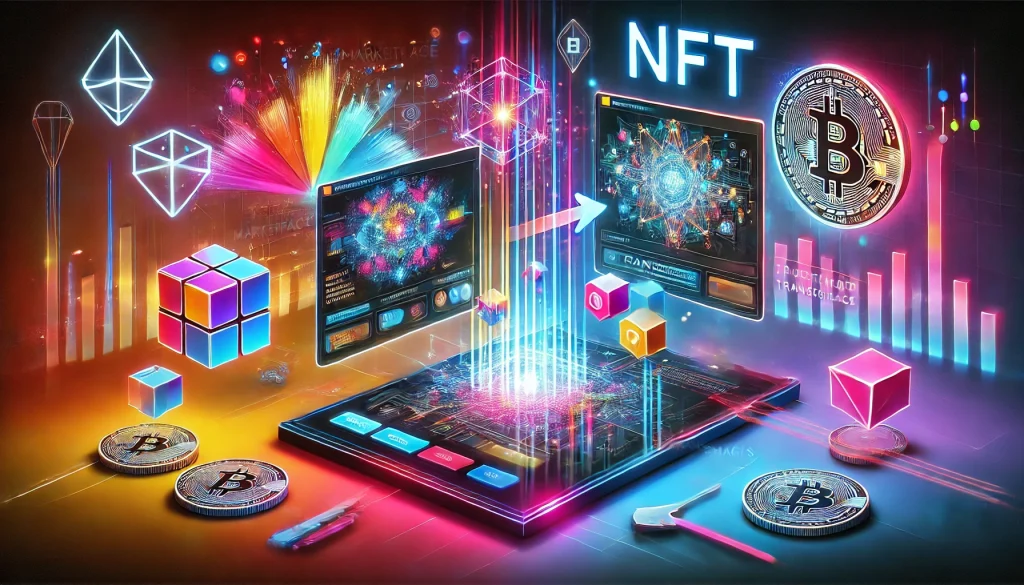 Colorful digital marketplace showcasing NFTs and blockchain transactions.