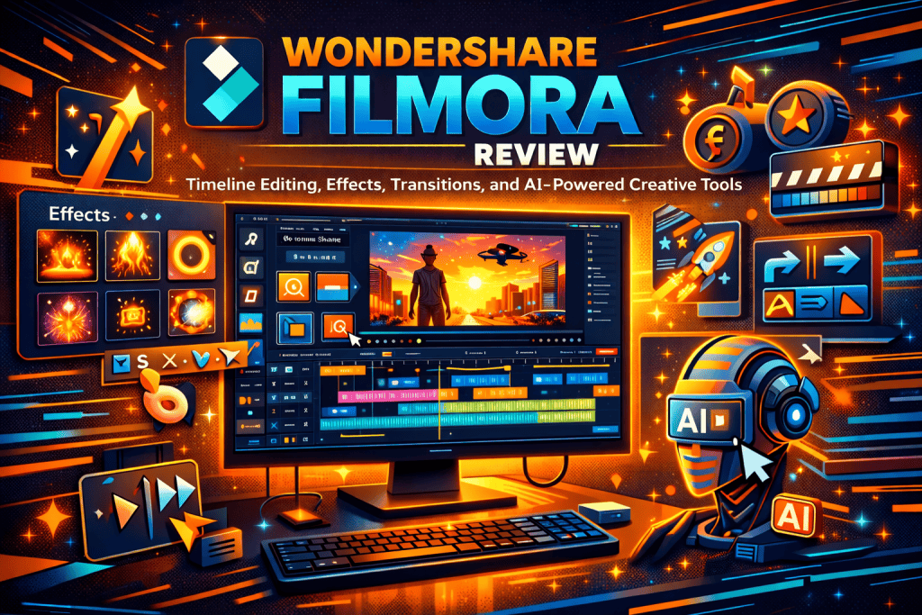Wondershare Filmora review showcasing timeline editing effects transitions and AI-powered creative tools
