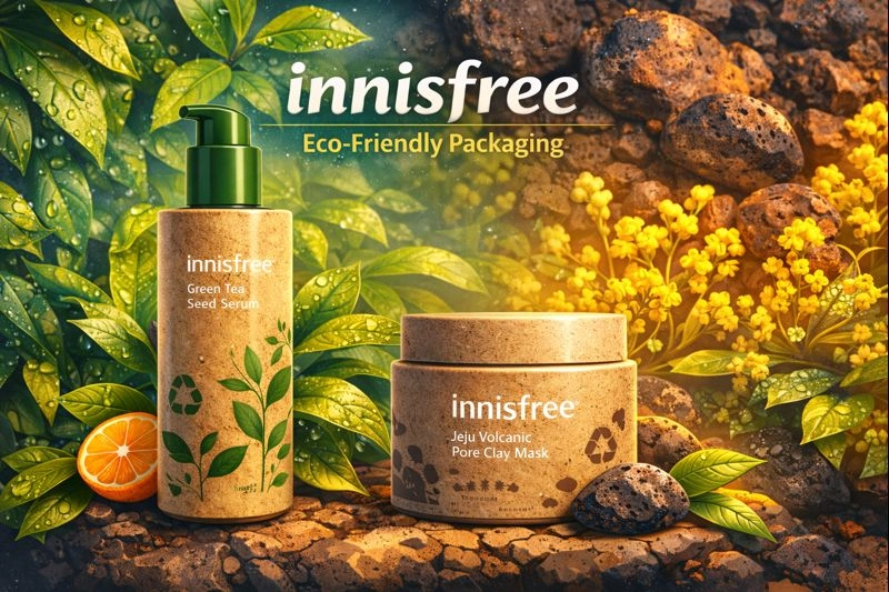 Innisfree skincare products featuring green tea and volcanic clay in eco-friendly packaging
