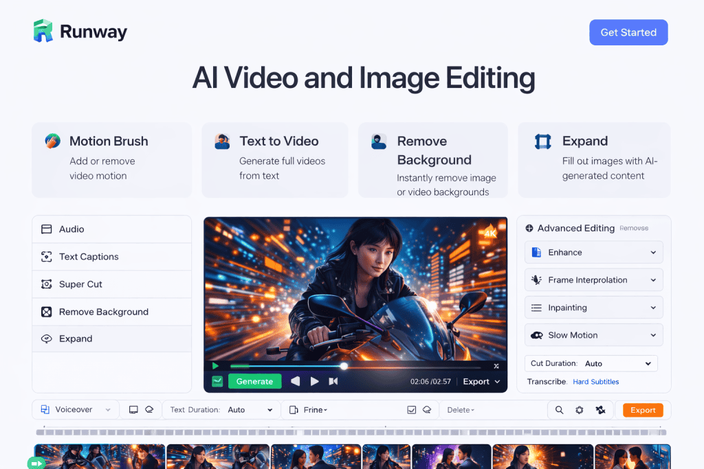 Runway AI interface showcasing key video and image editing features