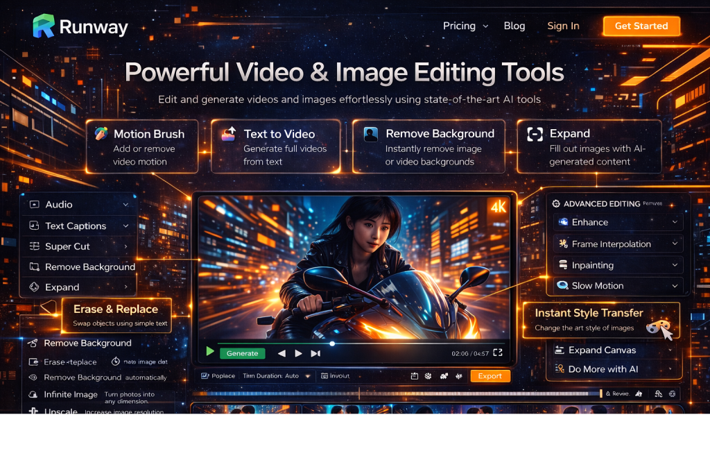 Runway AI interface showcasing powerful video and image editing tools.