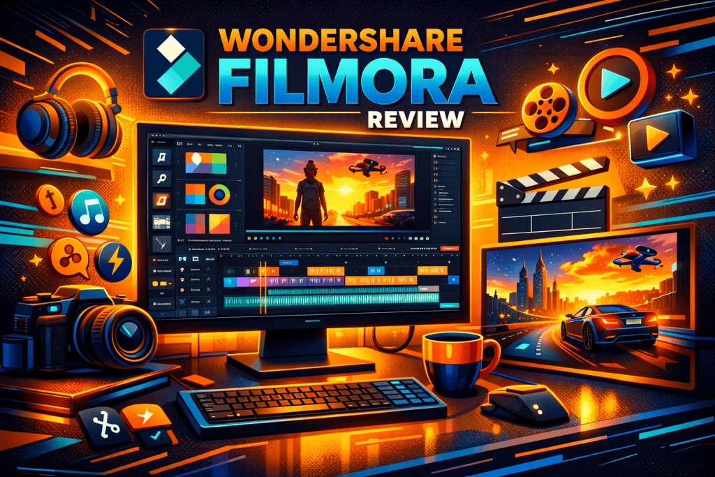Wondershare Filmora review modern video editing workspace with creative tools and polished cinematic output