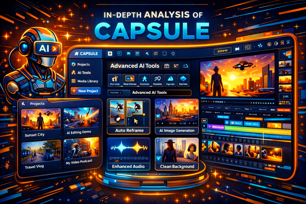 The Key Features of Capsule: Capsule features list displayed with collaboration and automation highlights.

In-Depth Analysis of Capsule: Capsule interface showing advanced AI tools and user projects.