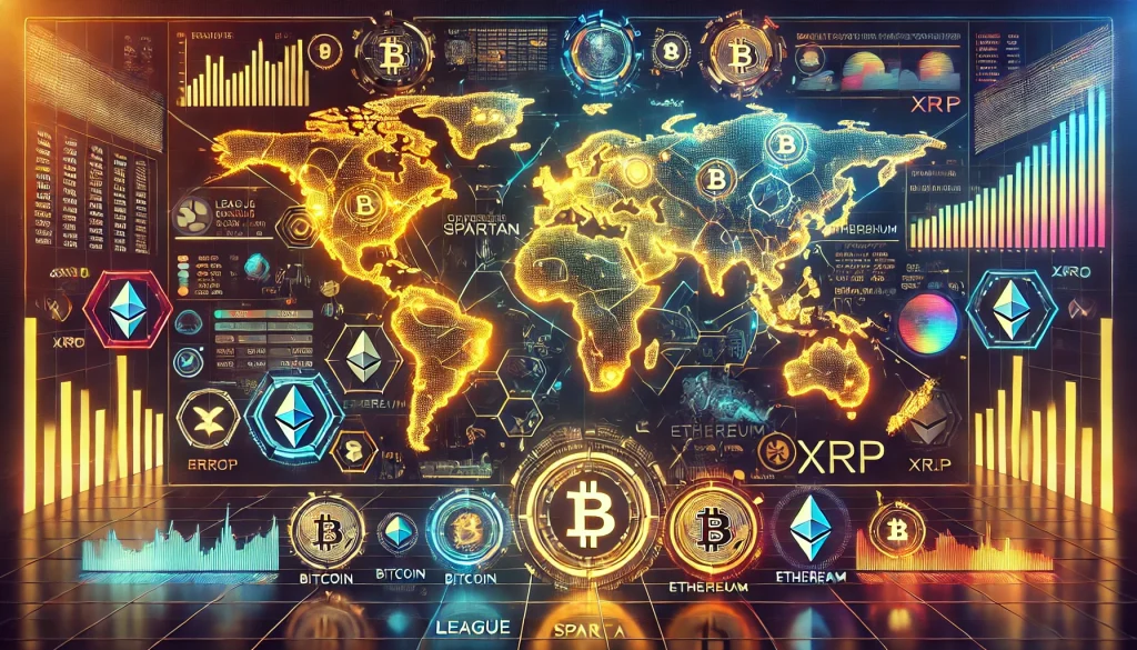 Global financial market map with digital overlays and crypto symbols.