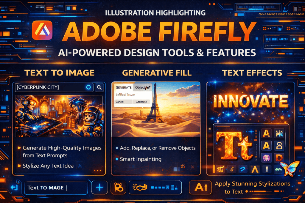 Illustration highlighting Adobe Firefly’s AI-powered design tools and features.