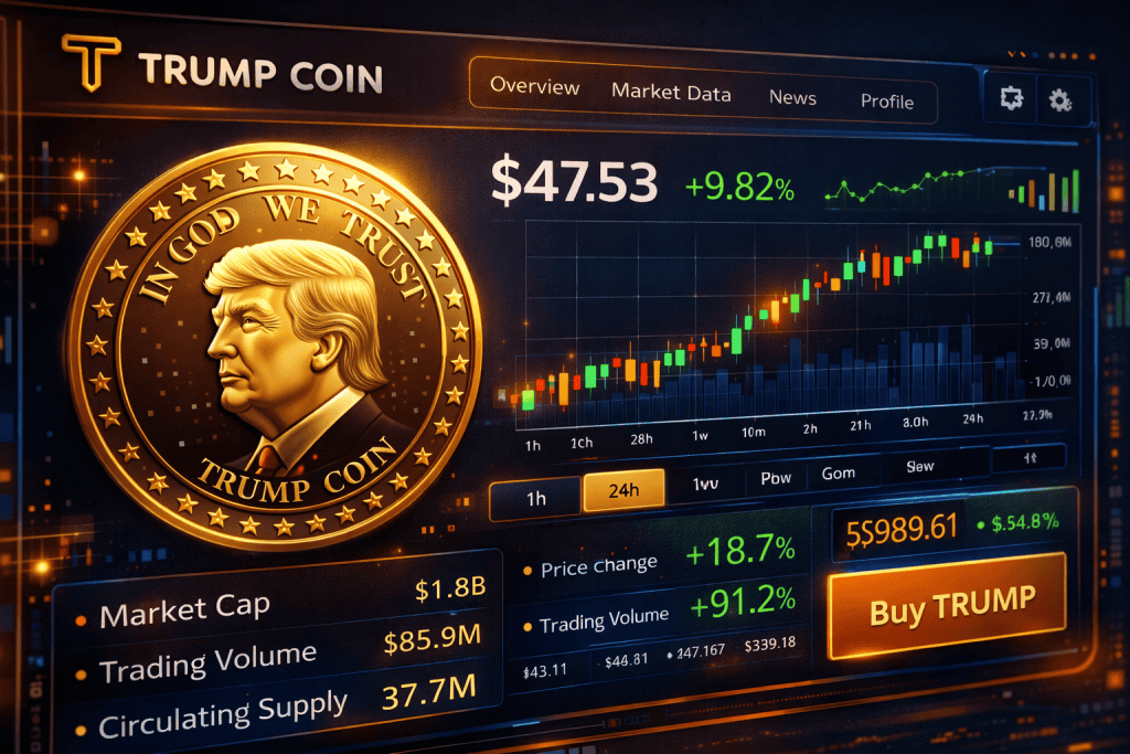 Close-up of Trump Coin’s sleek digital interface with real-time market data.
