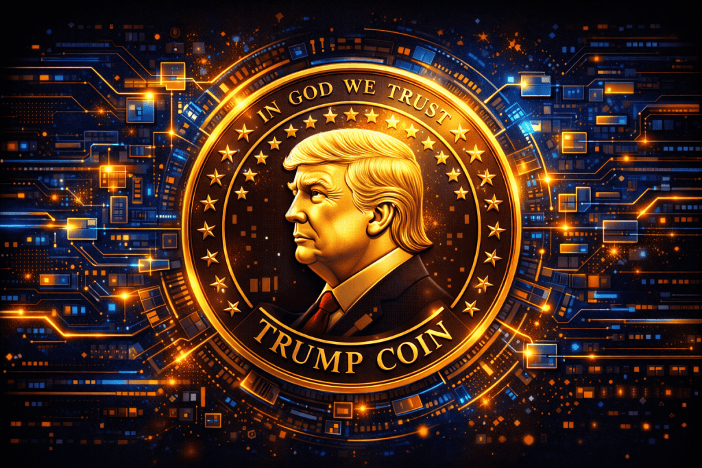 Trump Coin logo with futuristic design, blockchain elements, and digital innovation.