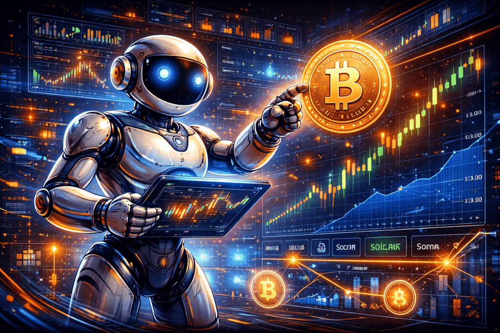 Automated crypto trading bot executing trades in a digital market.
