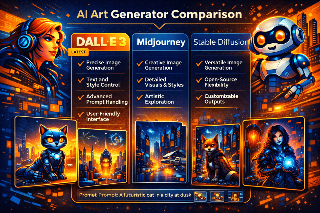 Comparison of DALL-E 3, Midjourney, and Stable Diffusion capabilities.