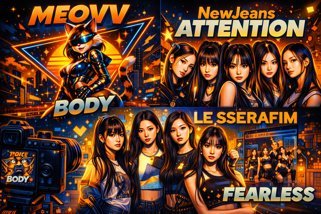 Collage Picture of Meovv 'body', NewJeans 'attention', and LE SSERAFIM 'Fearless'.

