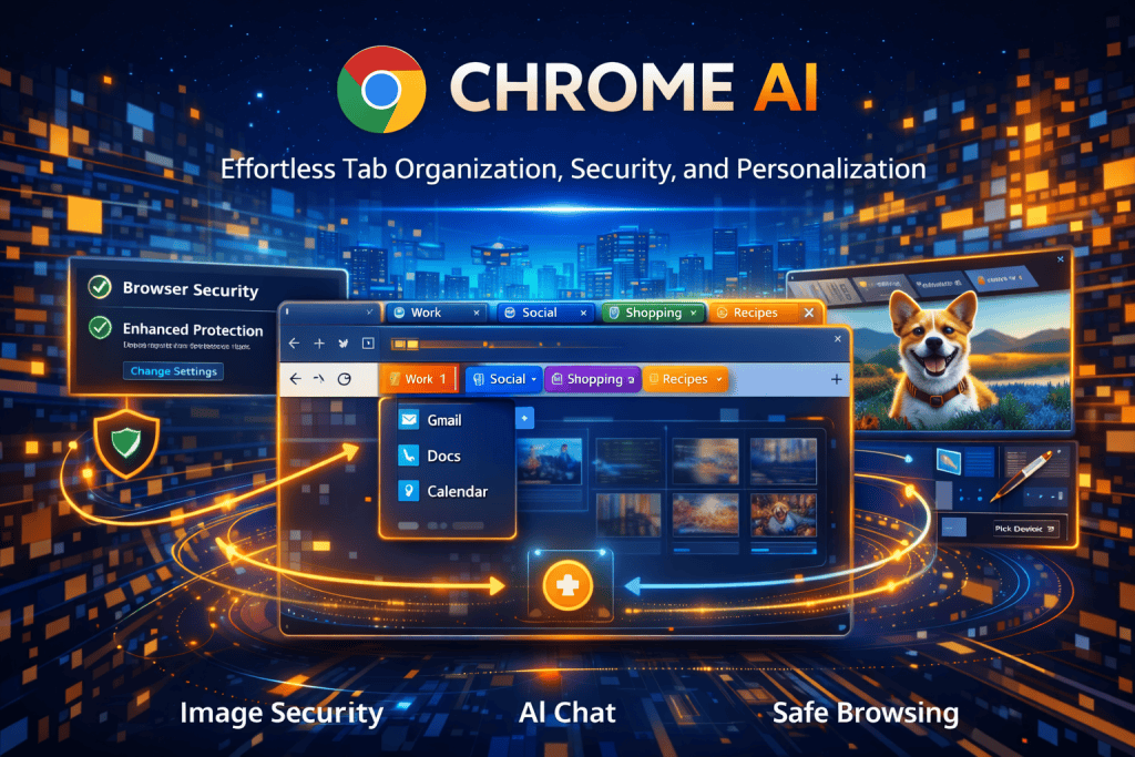 Chrome AI enhances tab organization, security, and personalization effortlessly.