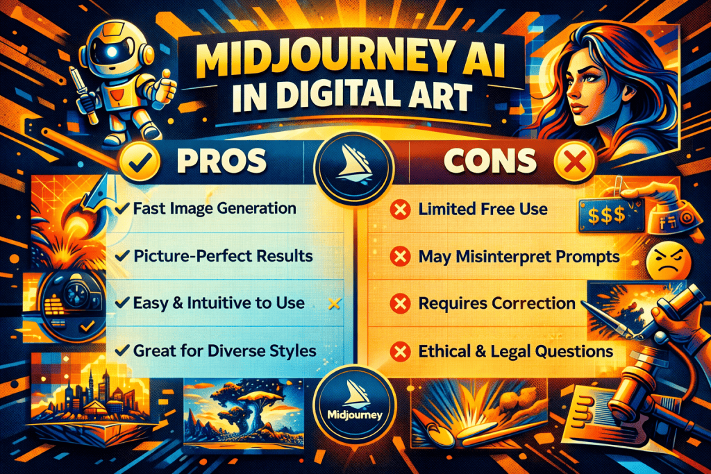 Pros and cons of Midjourney AI in digital art.