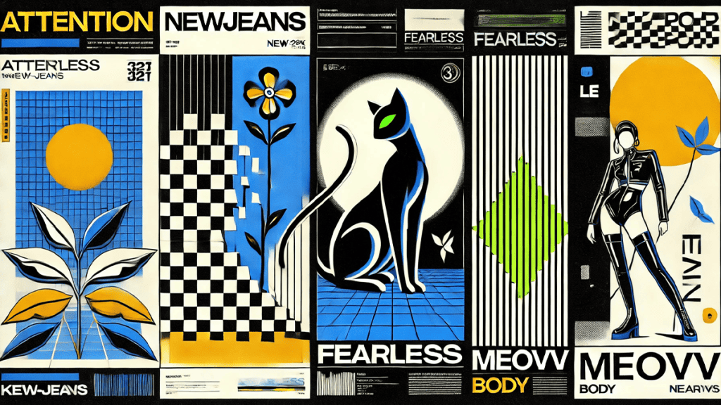 Collage Picture of Meovv 'body', NewJeans 'attention', and LE SSERAFIM 'Fearless'.

