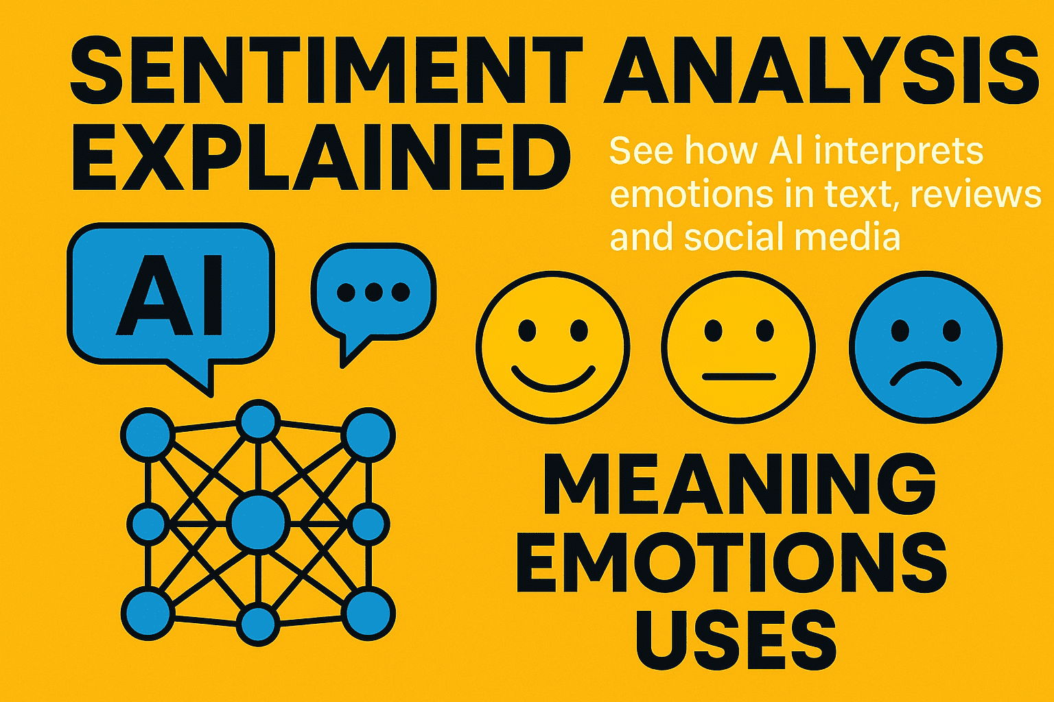 Sentiment Analysis Explained — cyberpunk-pop style infographic in yellow, orange, and blue featuring AI icons, emotion faces (happy, neutral, sad), text bubbles, and a neural network graphic. Bold League Spartan and Roboto fonts.