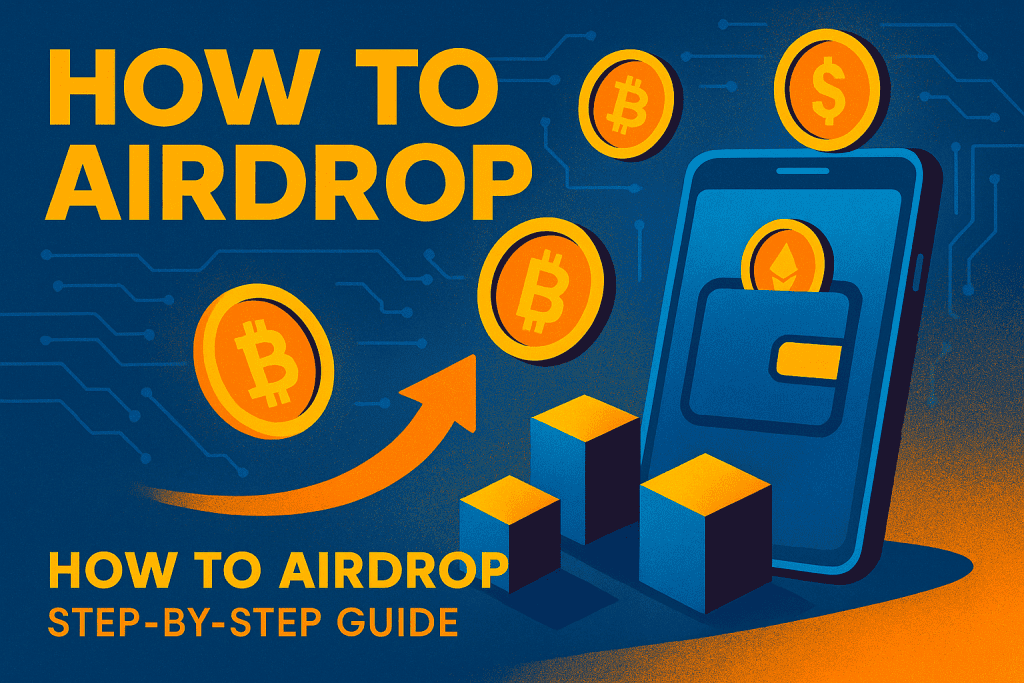 How to Airdrop — cyberpunk-pop style infographic in yellow, orange, and blue featuring floating crypto coins, a smartphone wallet, blockchain cubes, and an arrow showing token distribution. Bold title text in League Spartan and Roboto.