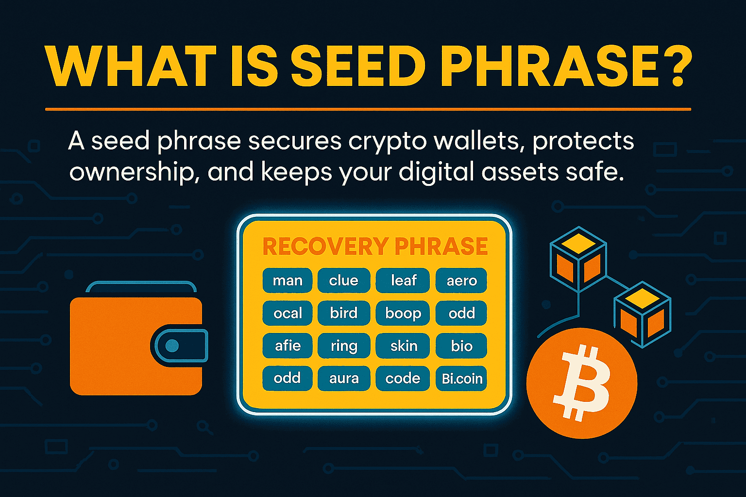 What is Seed Phrase — a cyberpunk-pop style infographic in yellow, orange, and blue featuring a glowing recovery phrase card, a crypto wallet icon, blockchain cubes, and a Bitcoin logo, designed in League Spartan and Roboto fonts.