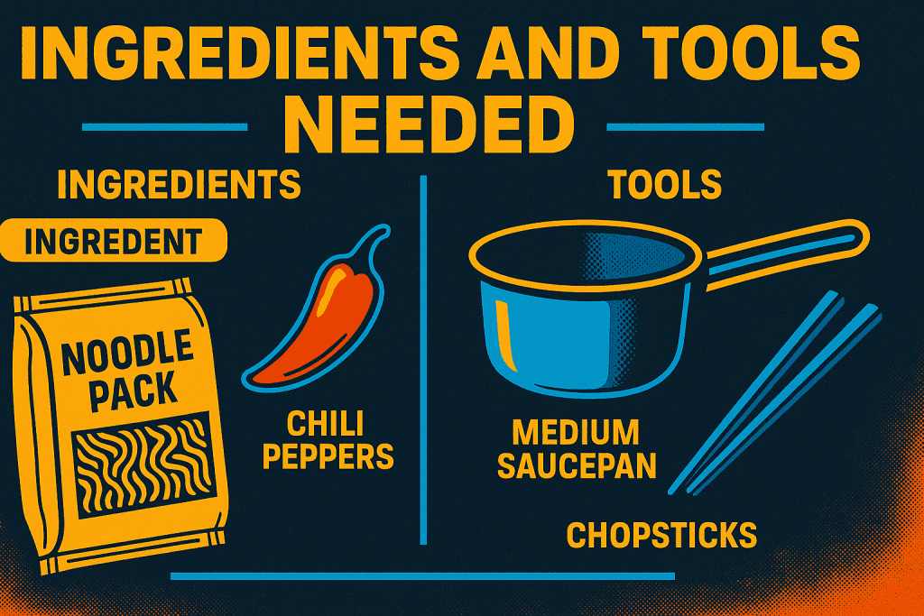Buldak cooking ingredients and tools illustration showing a noodle pack and chili peppers on the left, with a medium saucepan and chopsticks on the right.