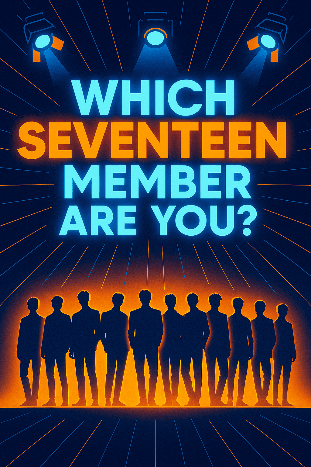 Which Seventeen Member Are You quiz — cyberpunk-pop style illustration in yellow, orange, and blue featuring neon silhouettes of Seventeen members on stage with glowing title text in League Spartan and Roboto fonts.