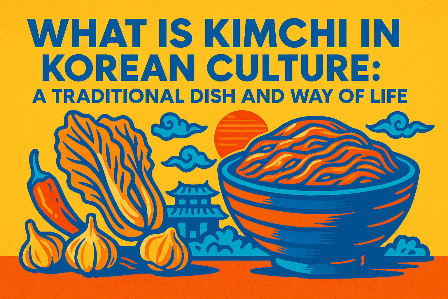 What Is Kimchi in Korean Culture: A Traditional Dish and Way of Life — cyberpunk-pop style illustration featuring a bowl of kimchi, napa cabbage, garlic, and chili peppers with bold yellow, orange, and blue design elements and Korean cultural motifs.