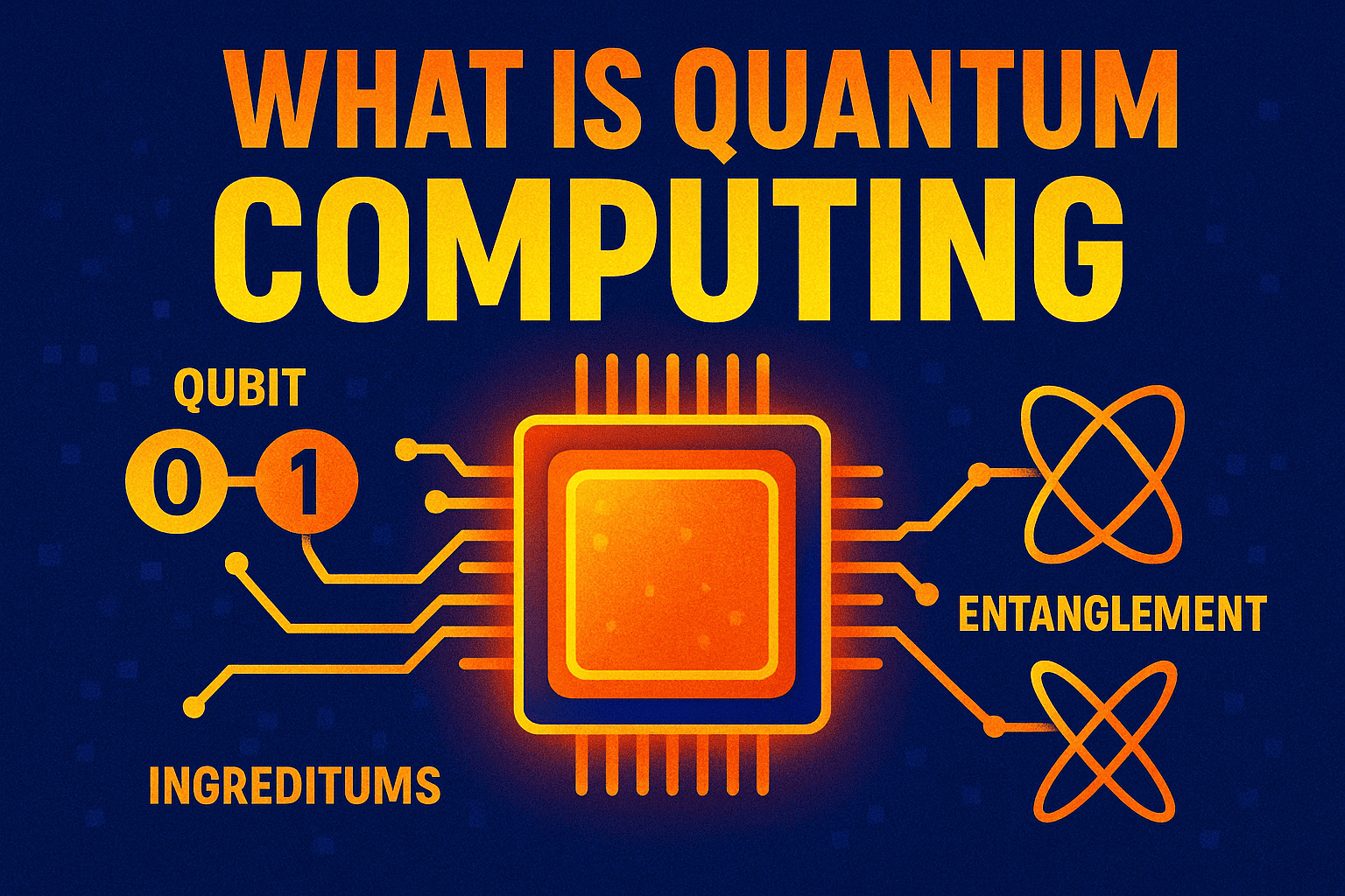 What Is Quantum Computing — cyberpunk-pop style infographic in yellow, orange, and blue featuring qubits, entanglement links, interference waves, and a glowing quantum chip at the center with bold League Spartan and Roboto fonts.