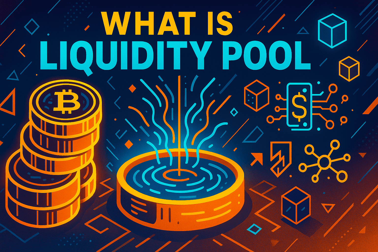 What Is Liquidity Pool — cyberpunk-pop style infographic in yellow, orange, and blue featuring stacked Bitcoin coins, a glowing digital pool, blockchain cubes, and DeFi icons with bold League Spartan and Roboto fonts.