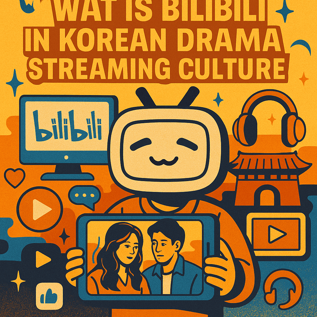 What Is Bilibili in Korean Drama Streaming Culture — cyberpunk-pop style illustration in yellow, orange, and blue featuring the Bilibili mascot holding a screen with a Korean drama couple, streaming icons like play buttons and hearts, headphones, and traditional Korean motifs. Bold title text in League Spartan and Roboto fonts.