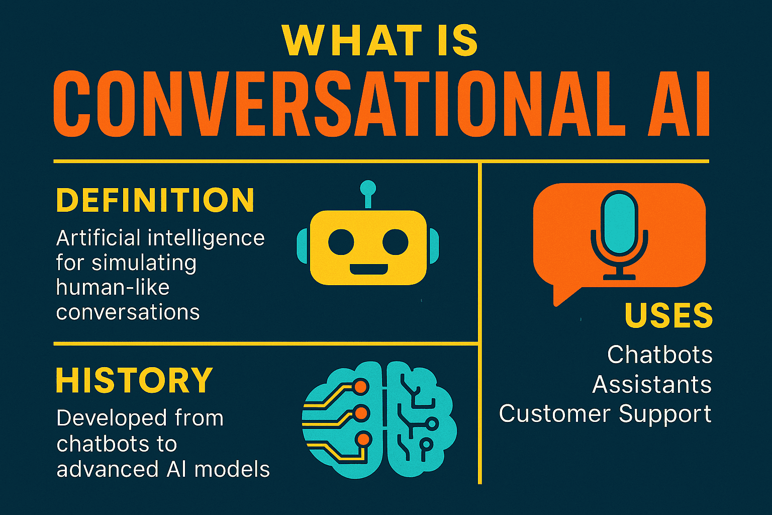 What is Conversational AI — cyberpunk-pop style infographic in yellow, orange, and blue featuring chatbot icons, a voice assistant microphone, a speech bubble, and AI brain graphic, with bold League Spartan and Roboto fonts