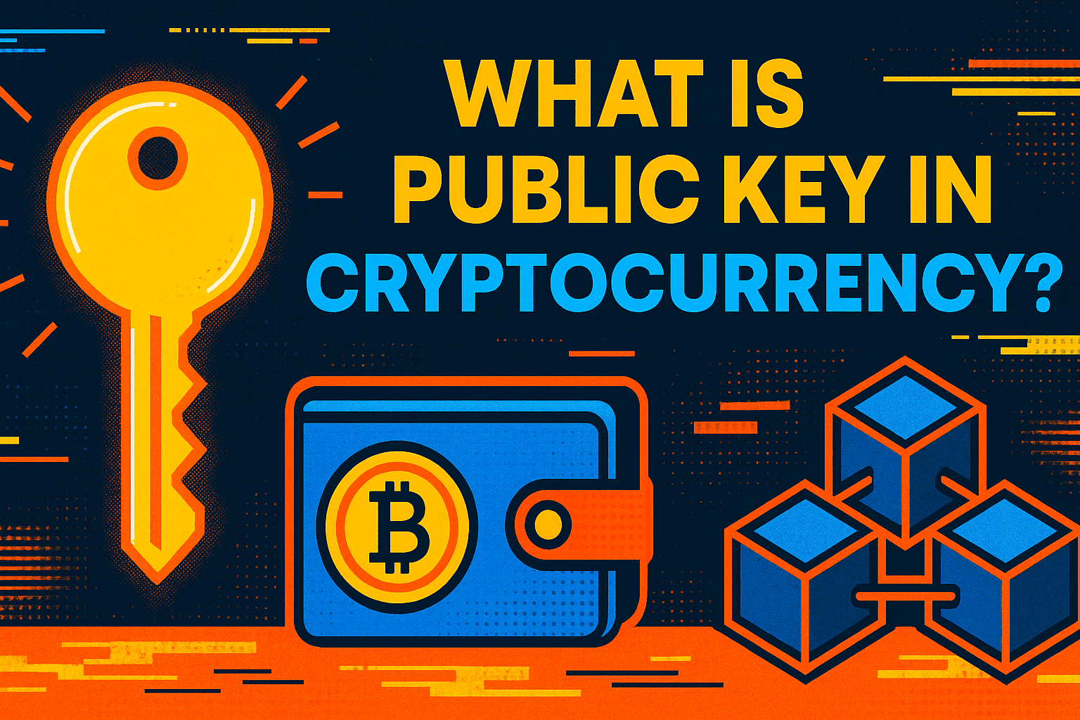 What is Public Key in Cryptocurrency — cyberpunk-pop style infographic in yellow, orange, and blue featuring a glowing key, a wallet with Bitcoin logo, and blockchain cubes.