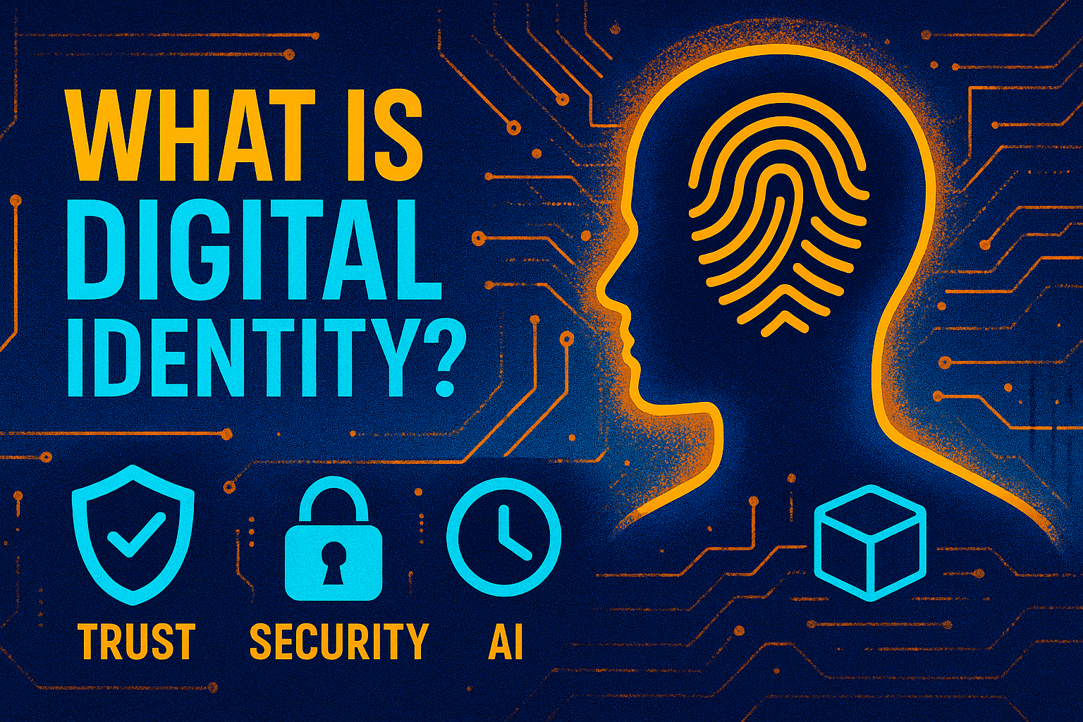 What is Digital Identity — cyberpunk-pop style infographic in yellow, orange, and blue showing a human silhouette with a glowing fingerprint, circuit patterns, and icons for trust, security, and AI.
