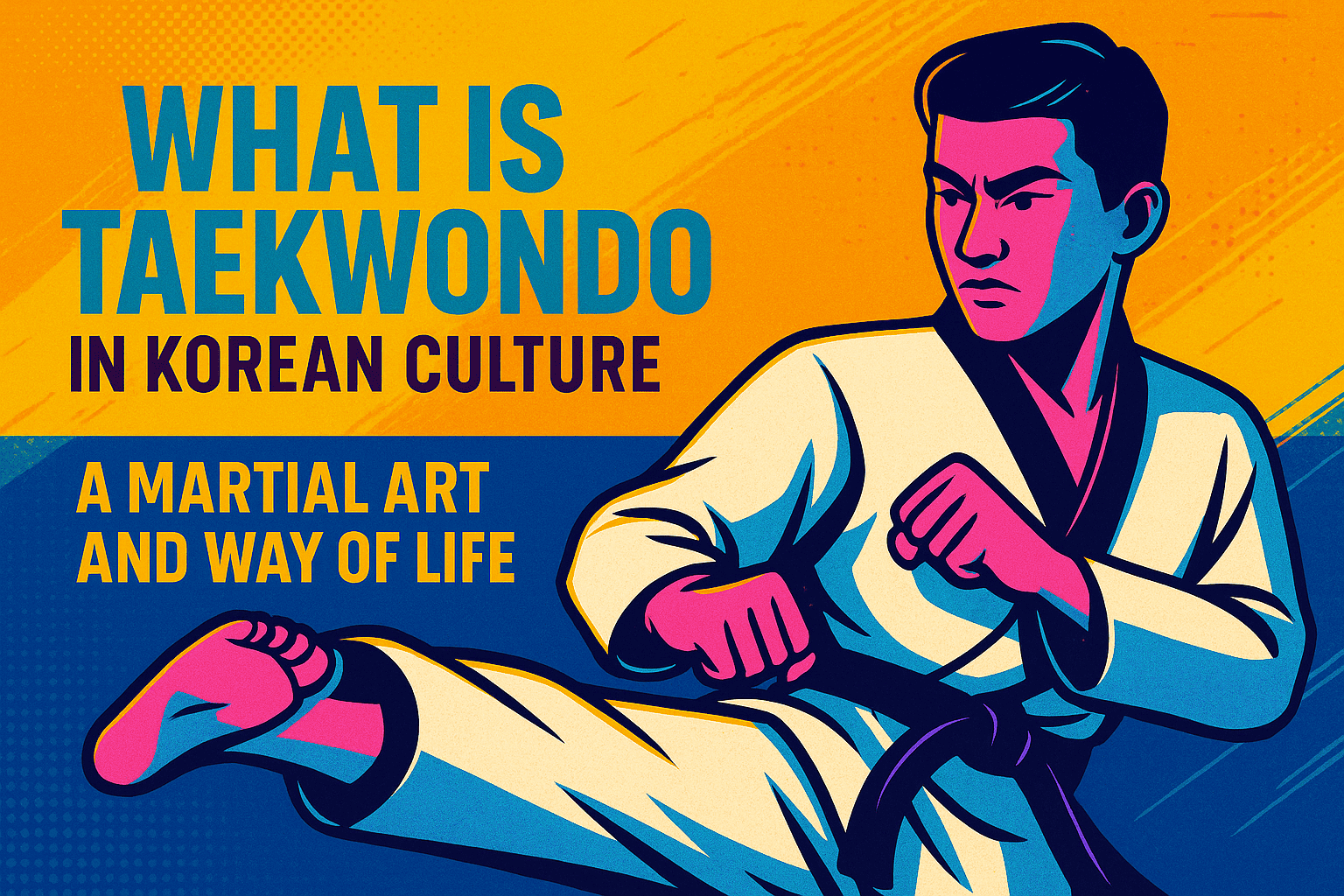 Cyberpunk pop-style illustration of Taekwondo, showing a martial artist in a dobok performing a dynamic high kick against a neon blue and yellow-orange futuristic city backdrop, with bold League Spartan and Roboto typography reading “What Is Taekwondo: Meaning, History & Korean Culture”.