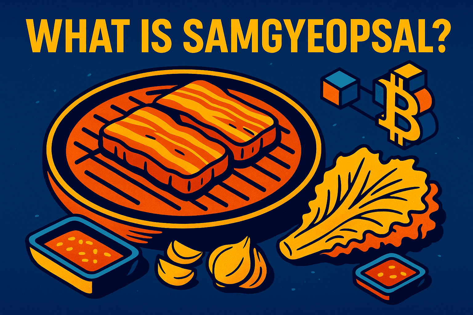What is samgyeopsal — cyberpunk-pop style infographic in yellow, orange, and blue featuring pork belly slices on a tabletop grill with lettuce wraps, garlic, dipping sauces, and soju bottles.