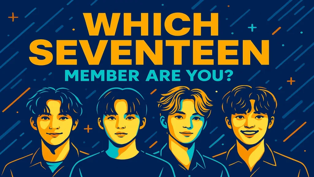 Which Seventeen Member Are You personality test — futuristic cyberpunk-pop design with stage icons and quiz text in League Spartan and Roboto.